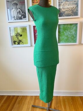 Y2K Emerald Green Crinkle Stretch Maxi Dress | 90s Minimalist Bodycon Column
